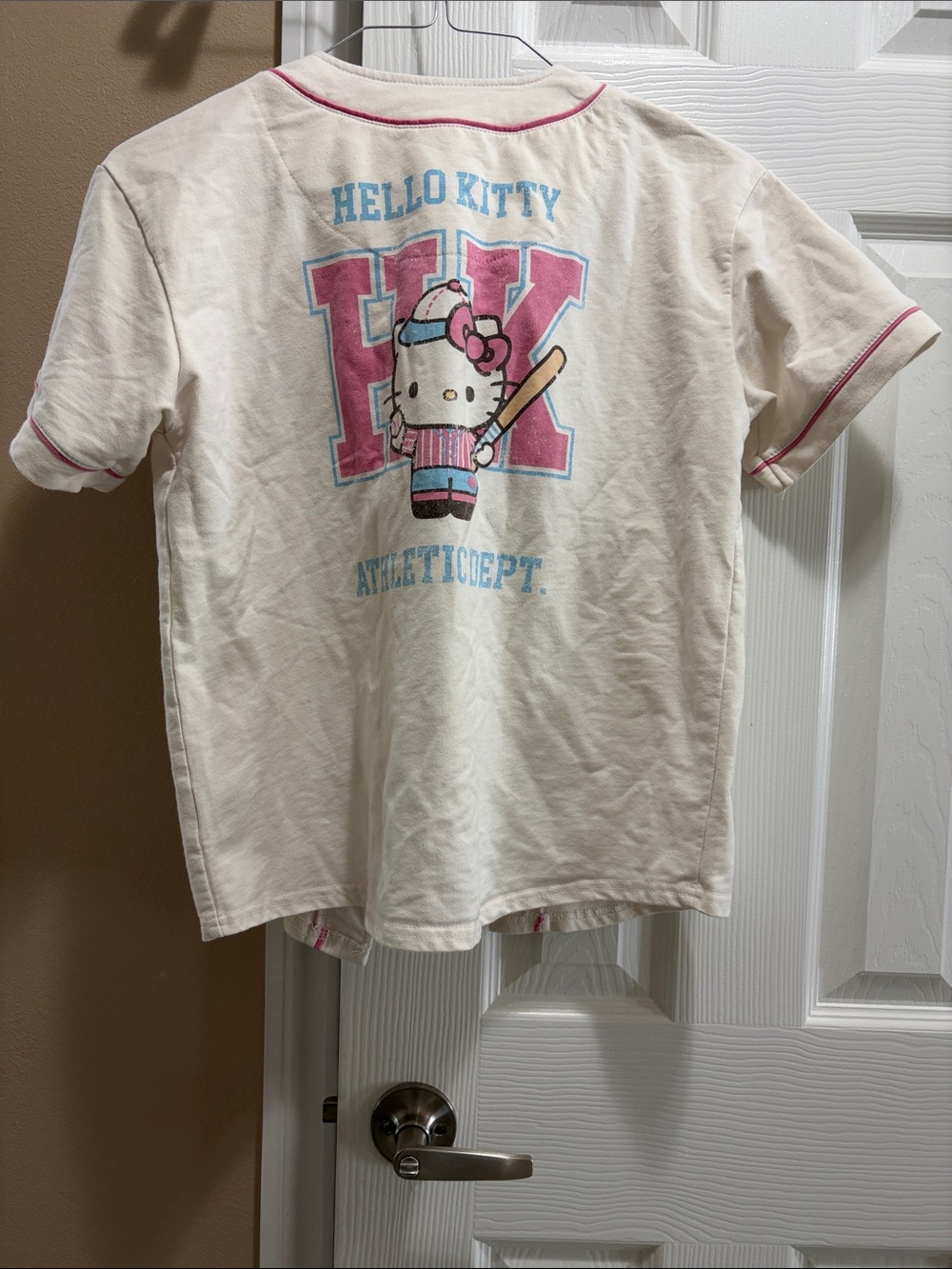 Hello Kitty Cream Tee with Pink & Blue Baseball Graphic